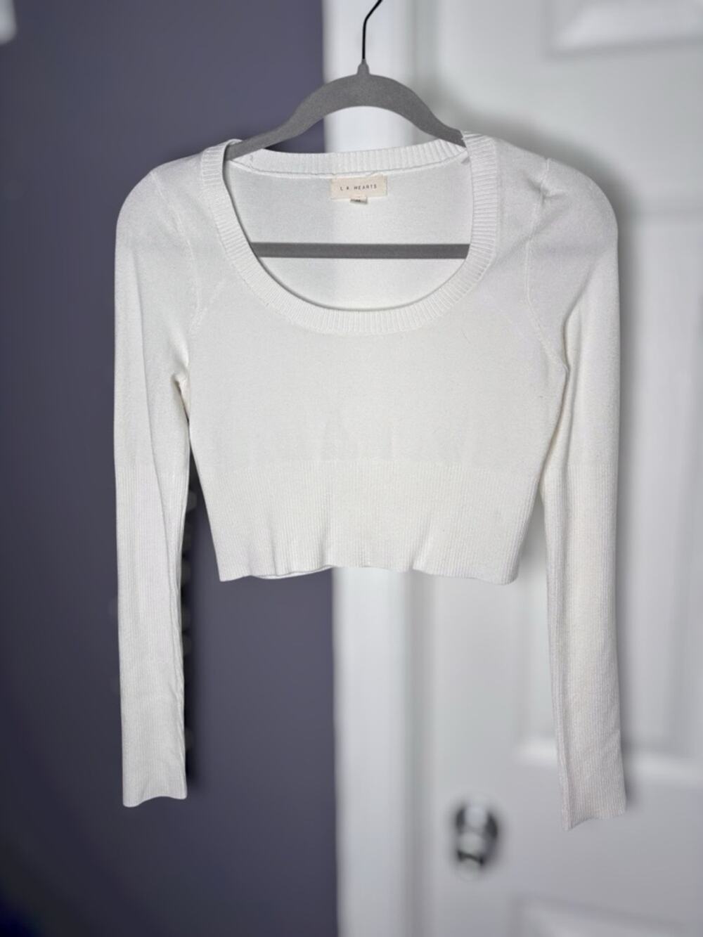 LA Hearts White Scoop Neck Cropped Sweater Long Sleeves XS